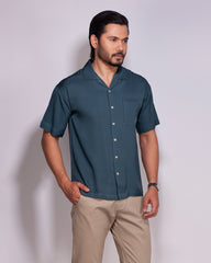 Men's short sleeve casual Cuban collar BOTTLE GREEN color shirt by Dorjibari