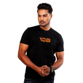 Man wearing a black t-shirt with 'DB' logo on a white background