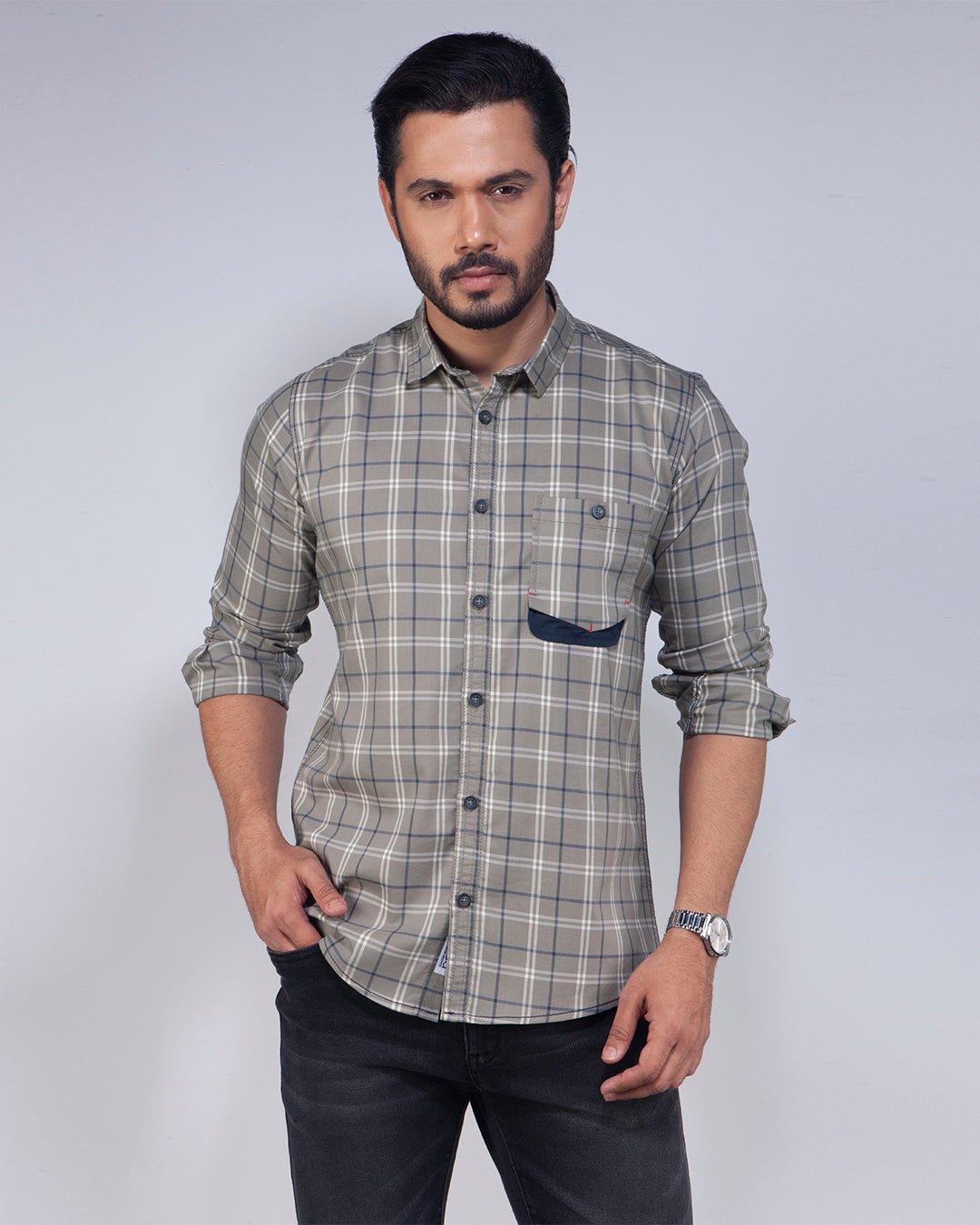 Light Olive Color Check Casual Shirt For Men