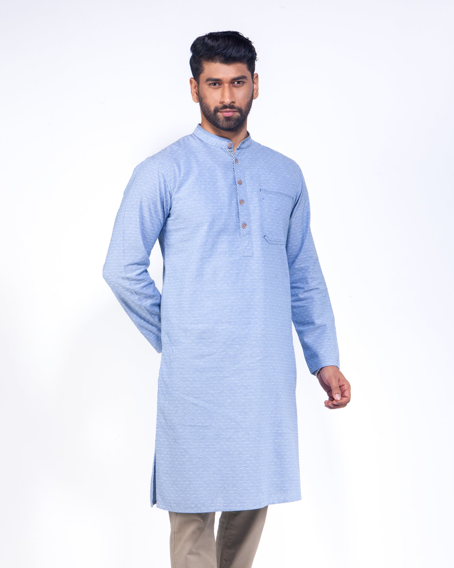 light Sky Blue long-sleeve Panjabi with a mandarin collar and three-button placket, paired with beige trousers, against a plain white studio background.