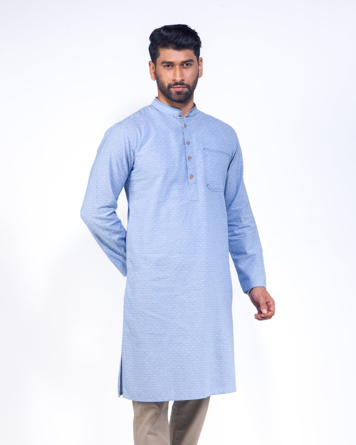 light Sky Blue long-sleeve Panjabi with a mandarin collar and three-button placket, paired with beige trousers, against a plain white studio background.